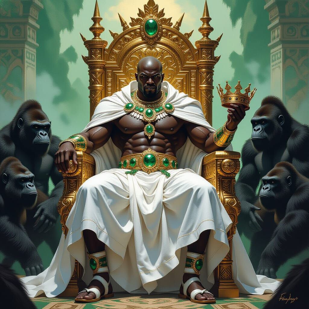 Black Warrior King on Sword Throne with Emerald Crown