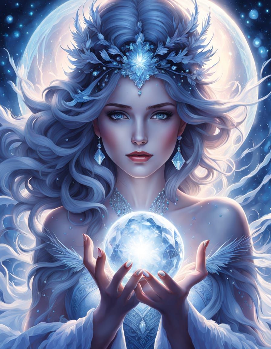 Ethereal Ice Queen Cradles Earth in Her Regal Hands