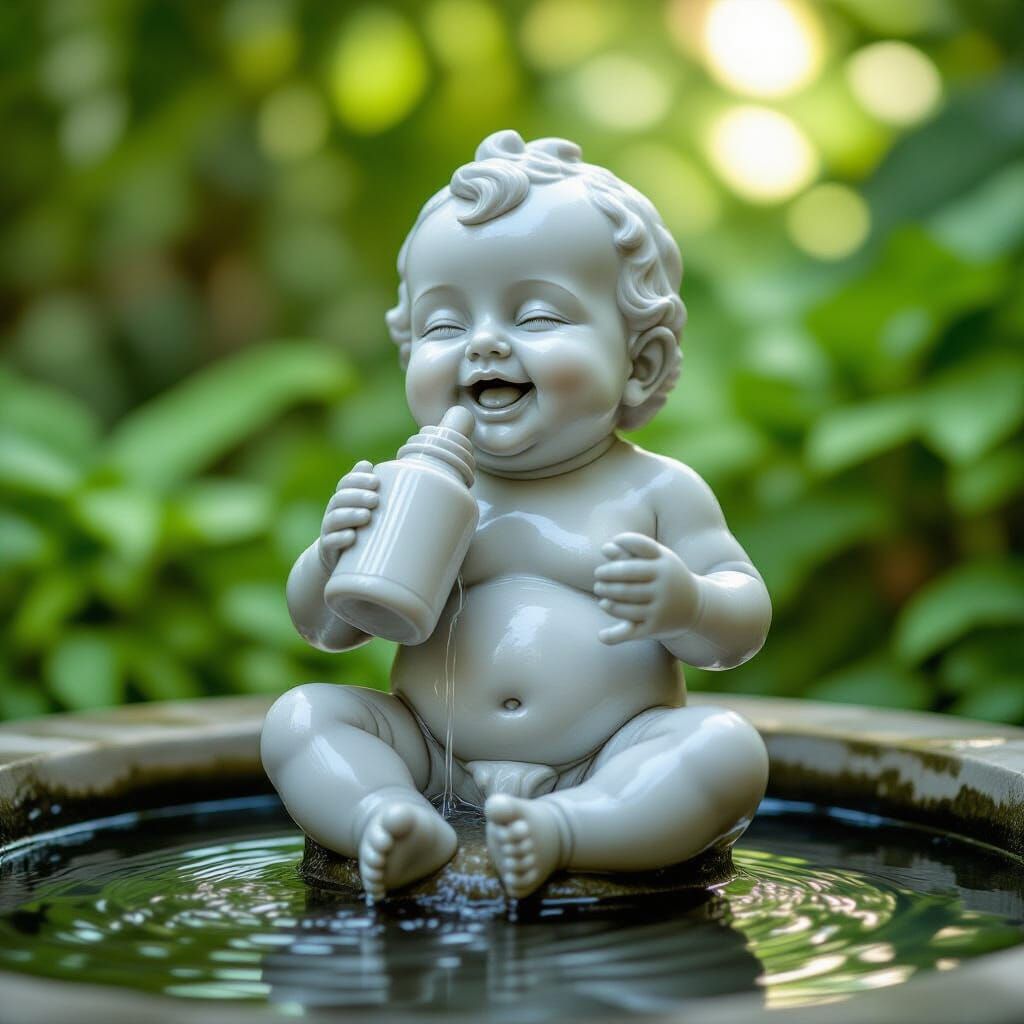 Stone Baby Fountain in Lush Nursery