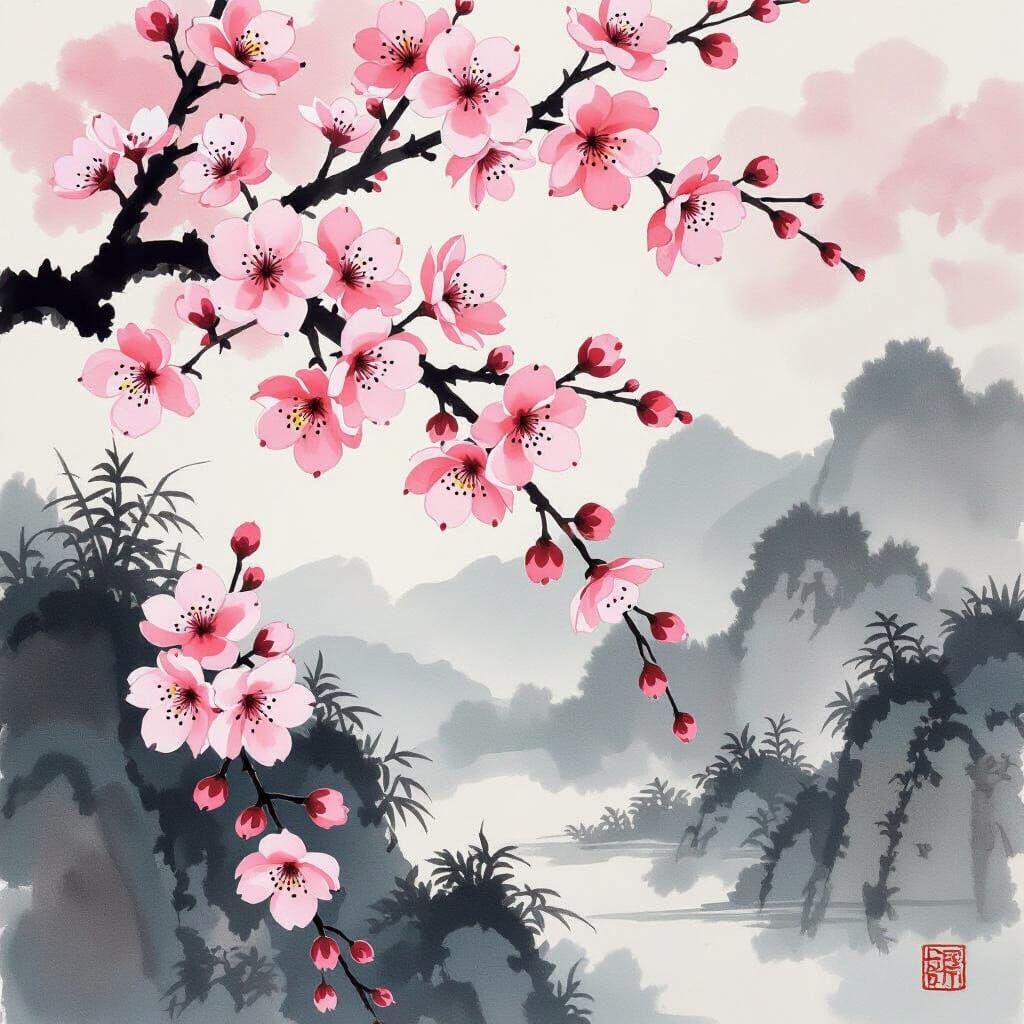 Pink Sakura Cherry Blossoms in Sumi-e Style