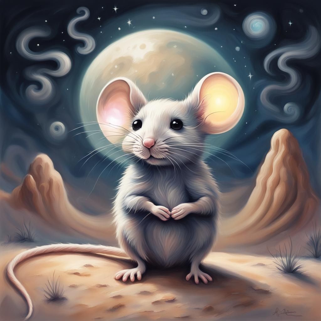 Smoke Mouse Admires Moon, Pastel Art