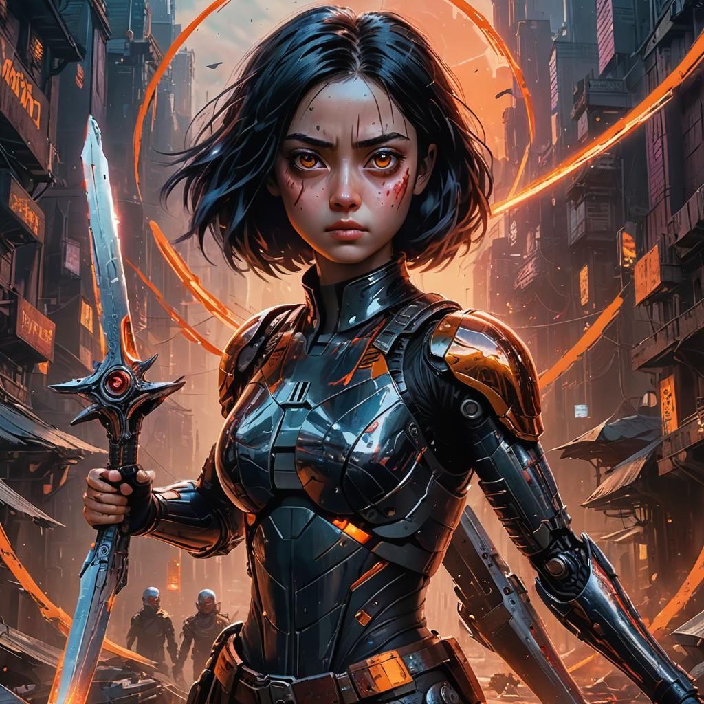 Alita Battle Angel in a Neon Fantasy Landscape