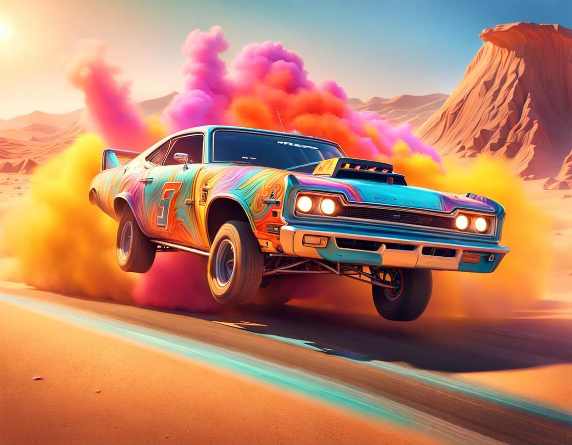 Hyperrealistic Desert Drag Race in Maximalist Style