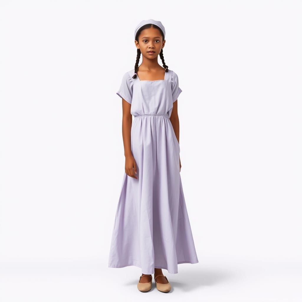 Elegant Young Girl in Pale Lavender Dress and Pinafore