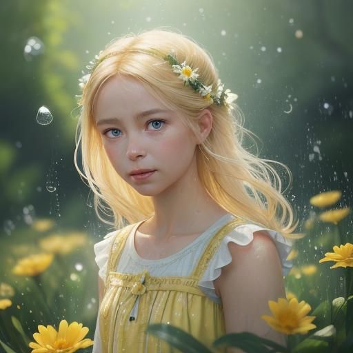 Joyful Girl Catches Raindrops: Hyperrealistic Portrait