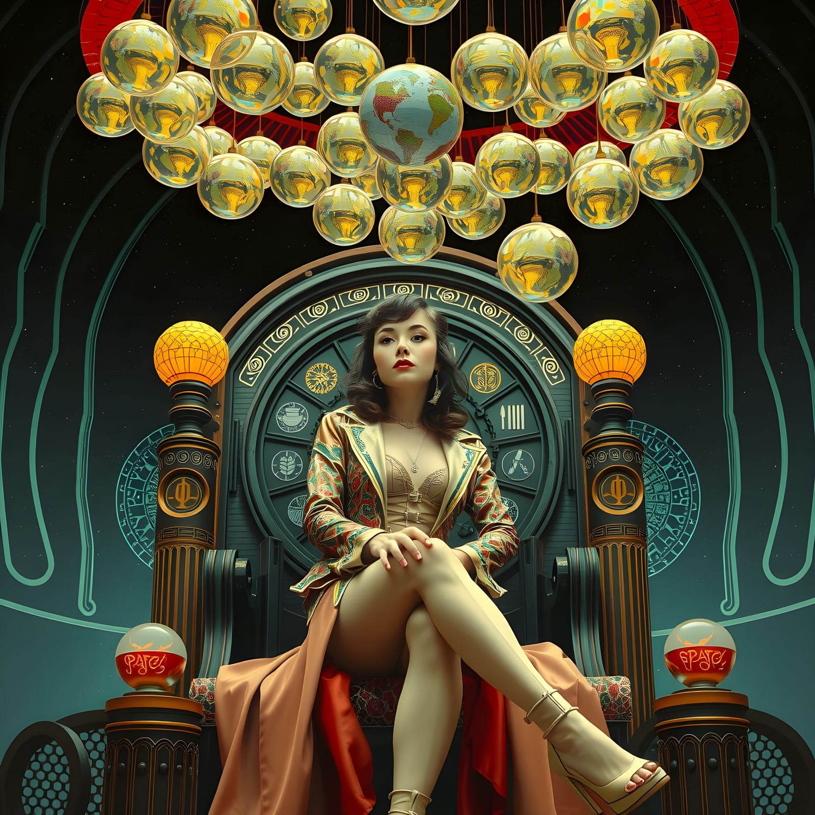 Surreal Futuristic Goddess on Art Deco Throne in 1970s Berli...