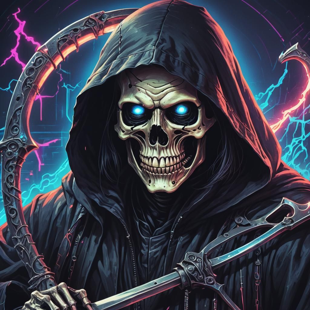 Synthwave Grim Reaper Portrait with Blue Eyes