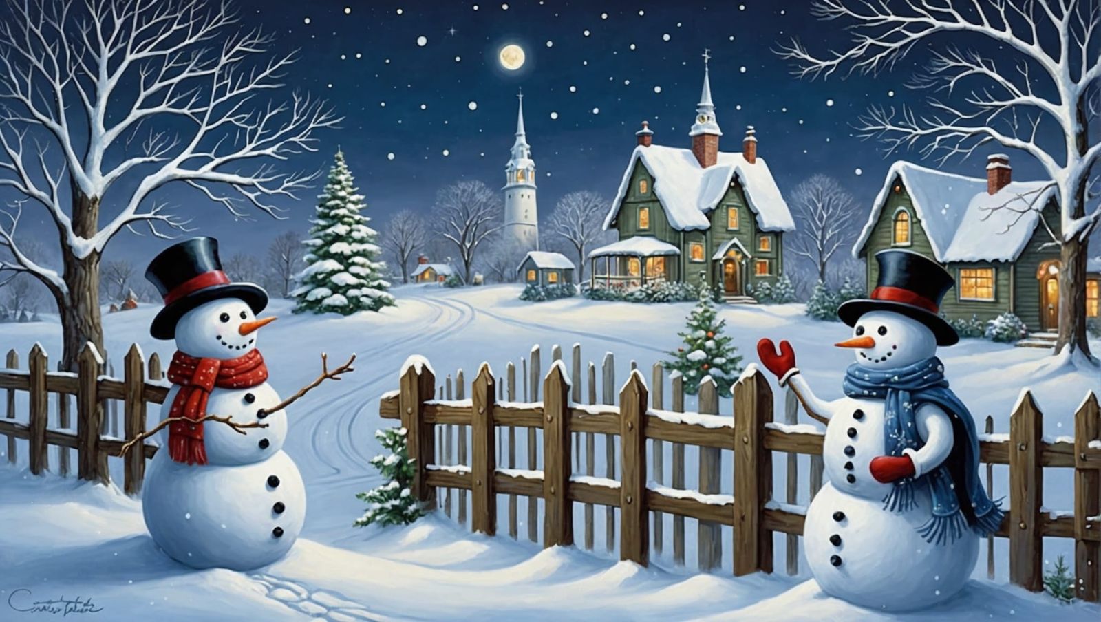Snowmen in Snowy Garden Under Starry Winter Sky