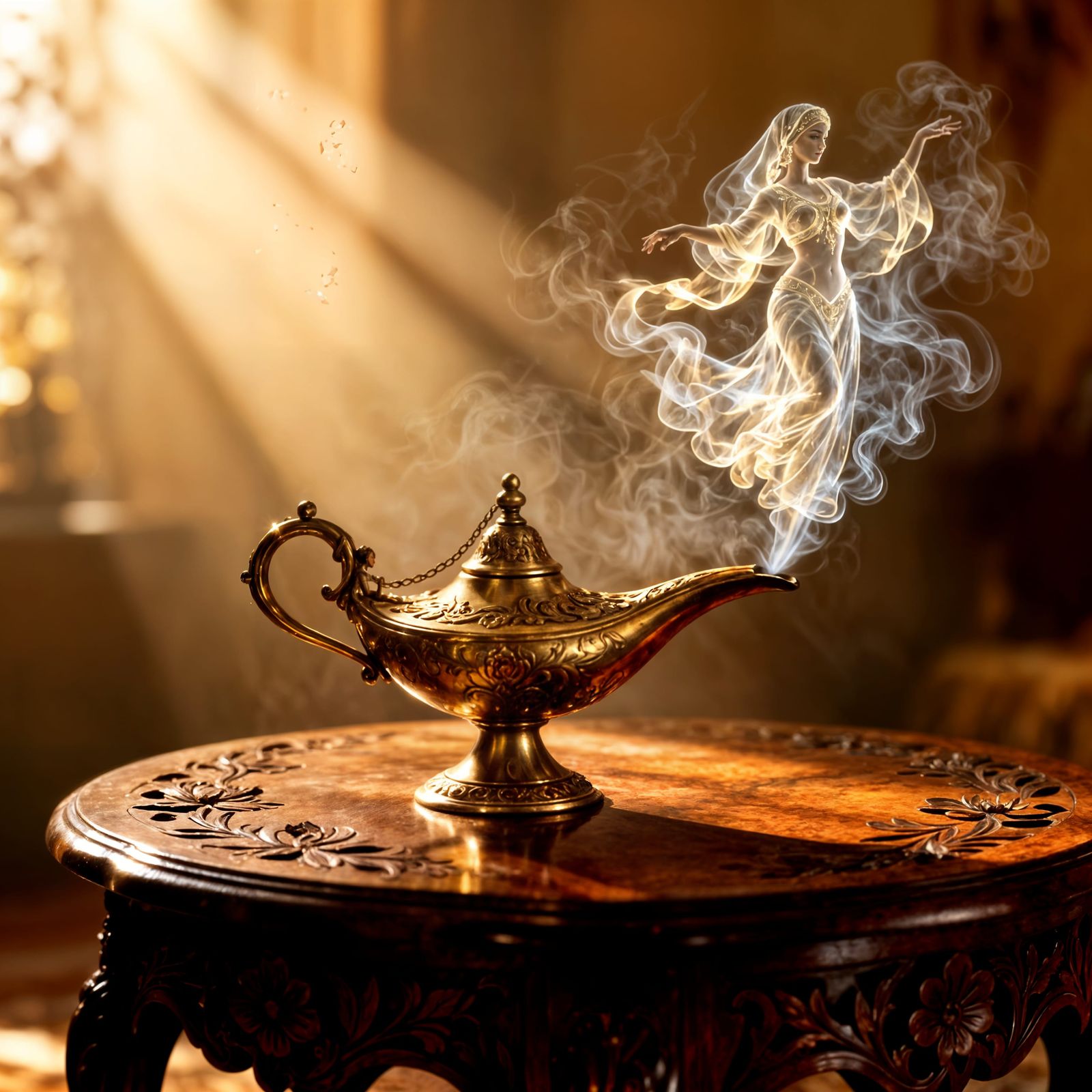 Ethereal Smoke Woman Emerges from Vintage Lamp