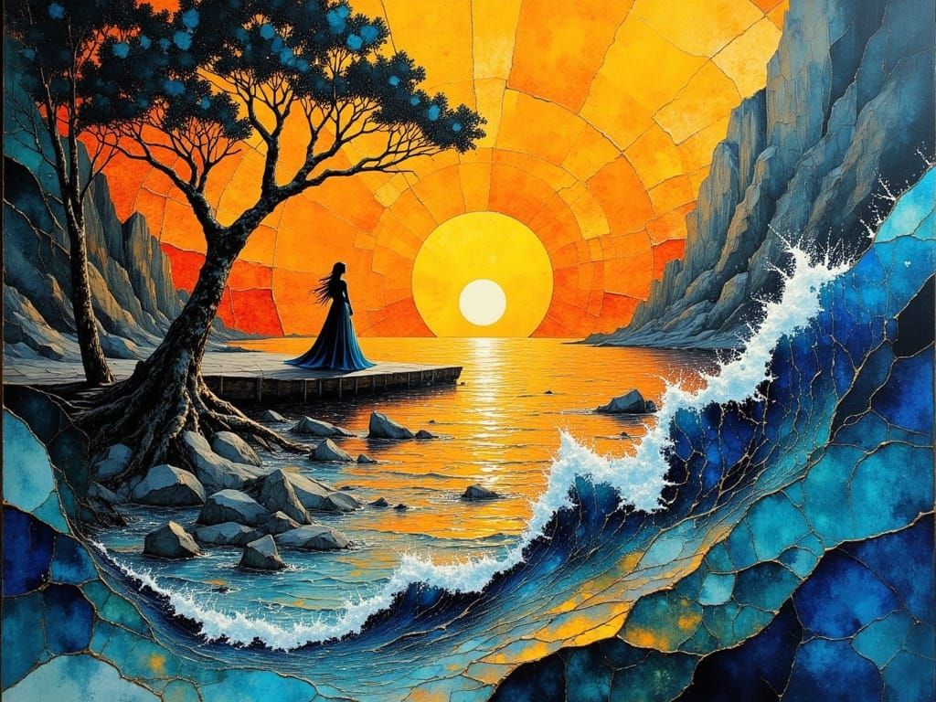 Sunlight on Water with Abstract Fractal Patterns