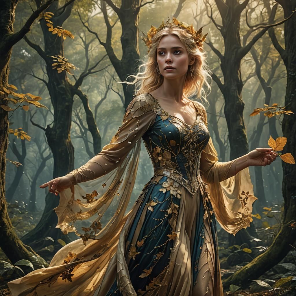 Blonde Fairy in Ethereal Forest, Detailed Matte Painting
