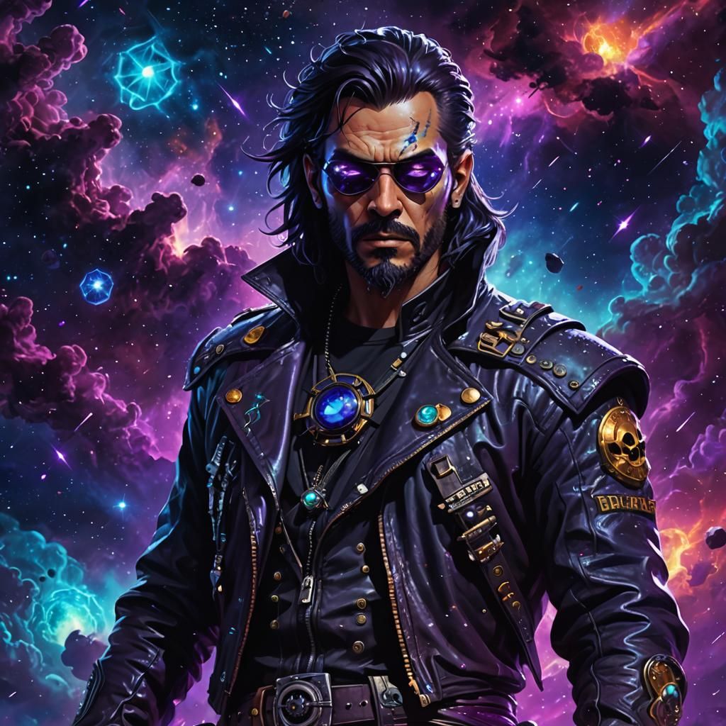 Space Pirate with Nebular Gemstones in Cosmic Scene