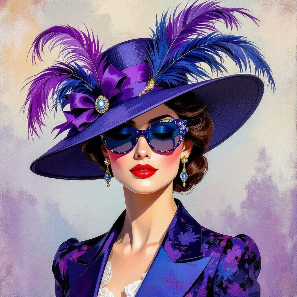 Woman in Elaborate Hat with Purple & Blue Accents