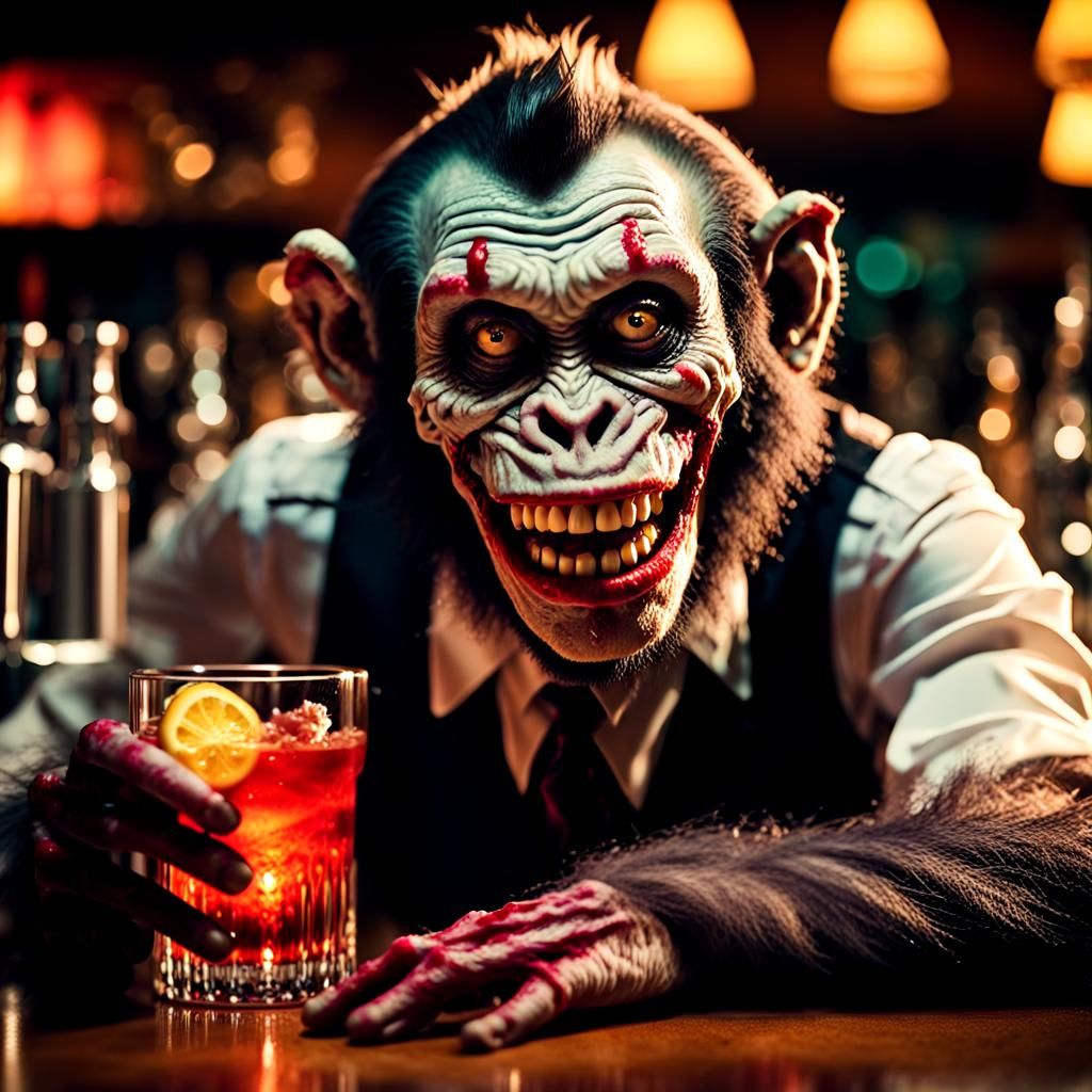Surreal Zombie Monkey Clown Bartender Polishing Glass