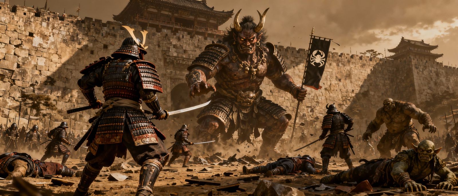 Crab Clan Samurai Battle Colossal Oni at Great Wall