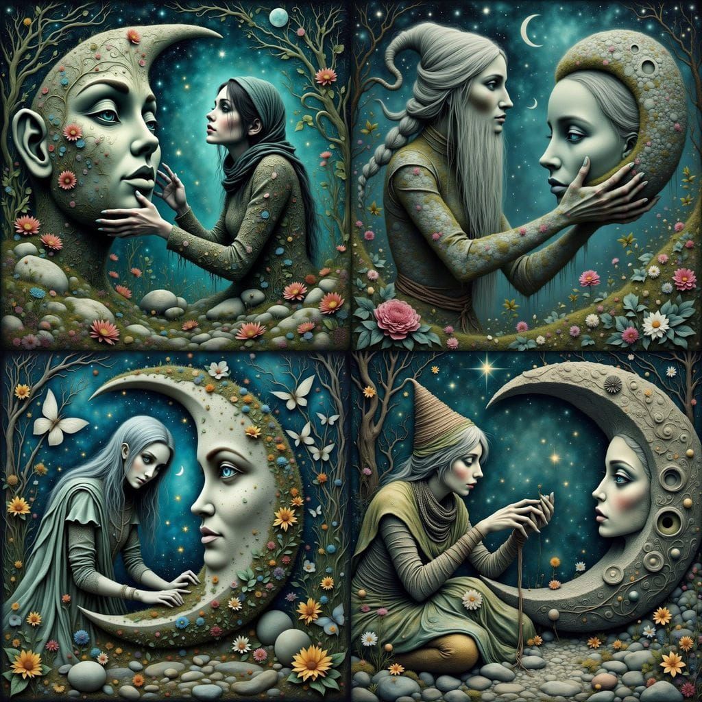 Ethereal Elderly Woman Sculpting Crescent Moon in Dreamlike ...