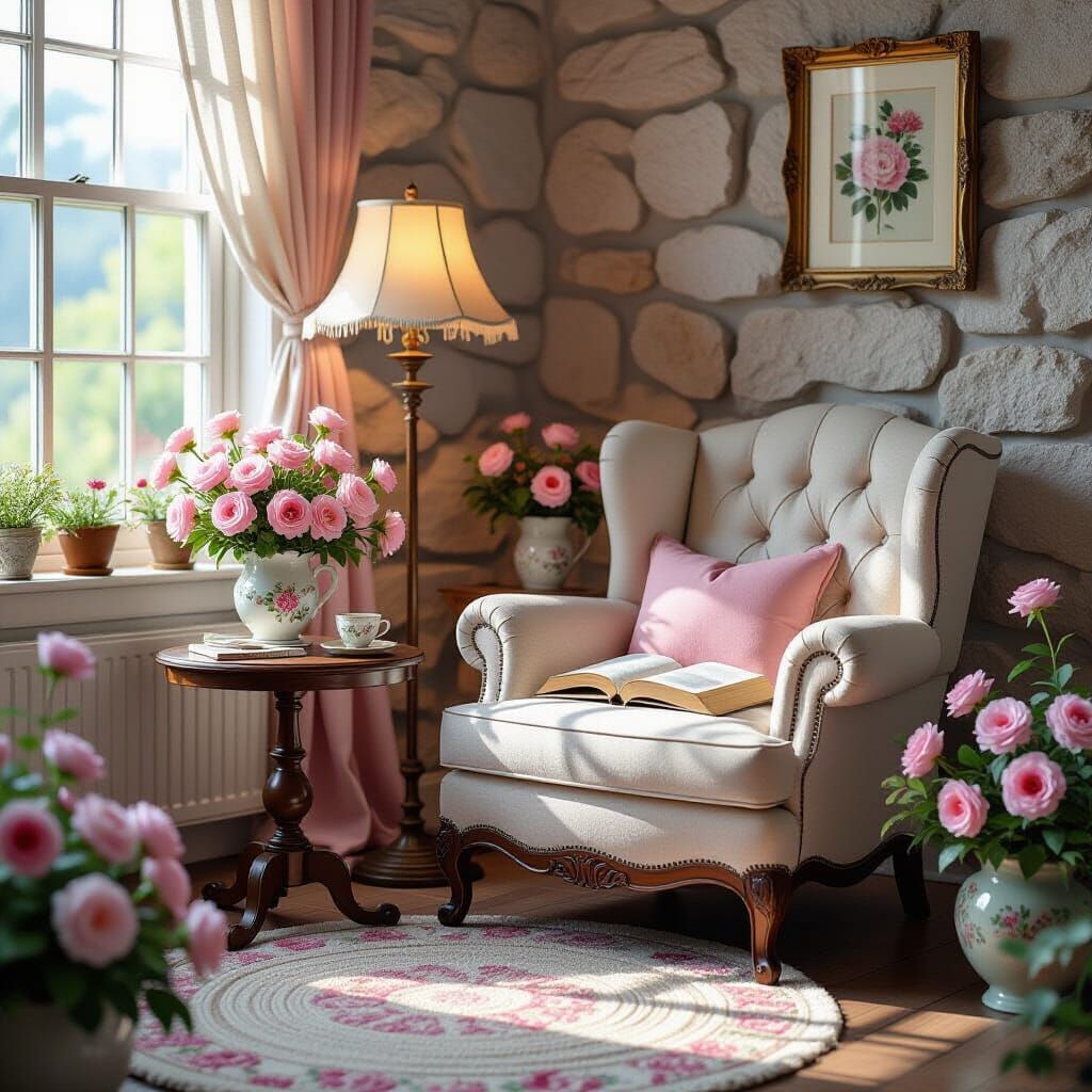 Whimsical Stone and Floral Living Room Corner