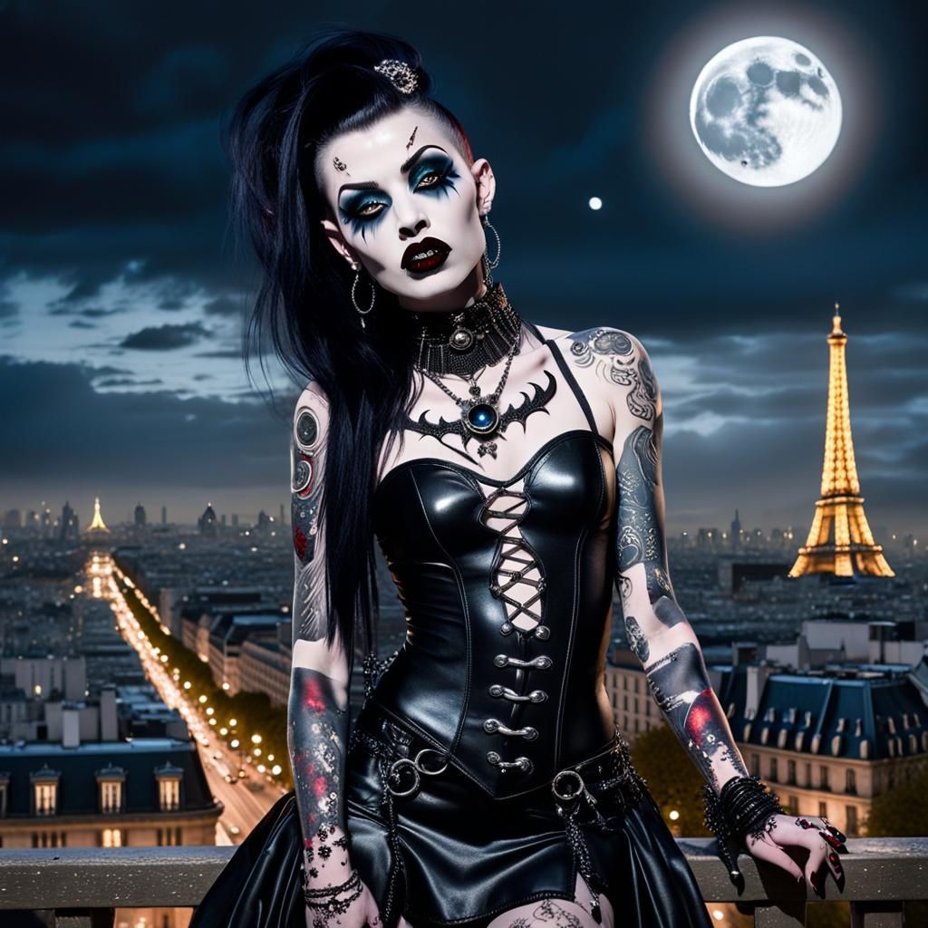 Nu Goth Vampiress in Paris at Night