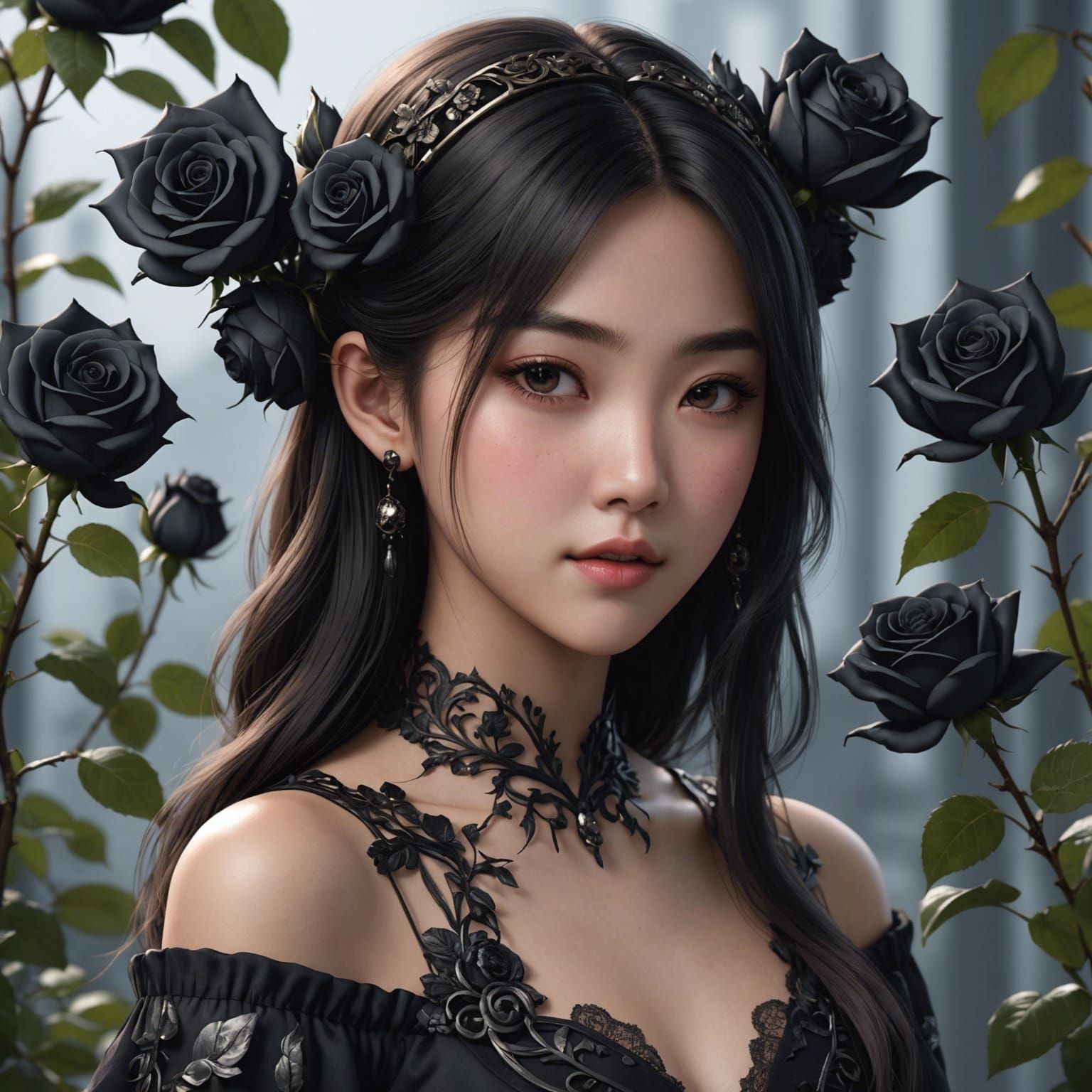 Anime Asian Girl with Black Roses in 3D