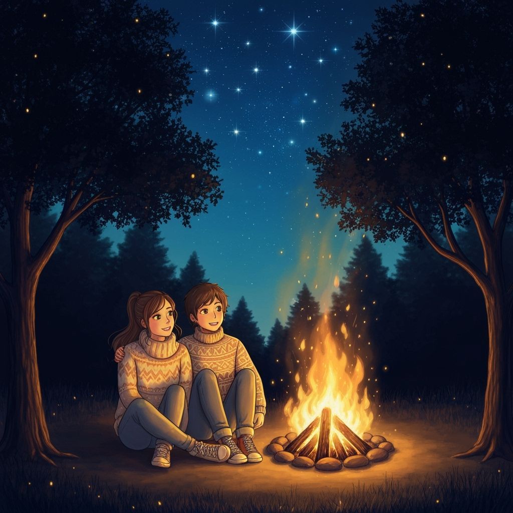 Couple Stargazing by Bonfire in Dreamy Style