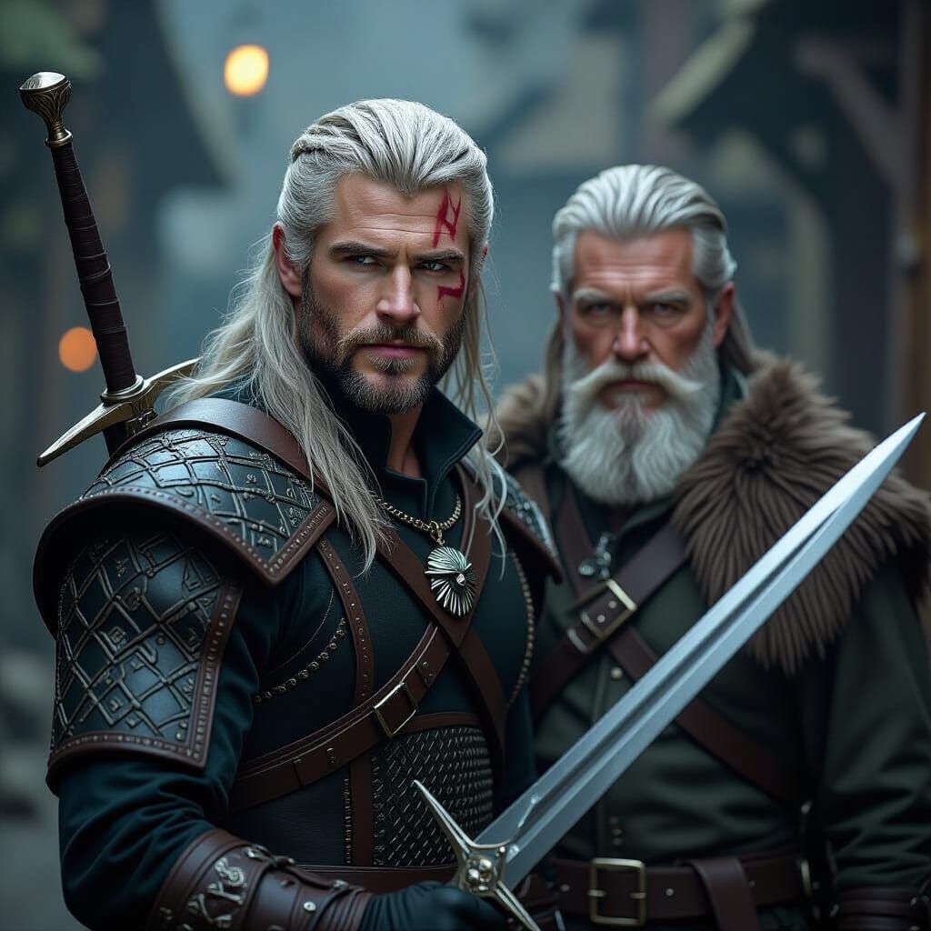 Geralt of Rivia and Vesemir in a Medieval Setting