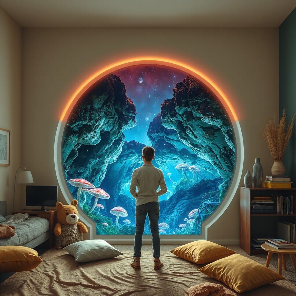 Bioluminescent Cave Portal in Bedroom Wall