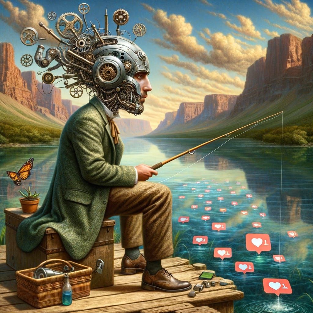 Steampunk Fisherman Angling for Likes in Digital Lake