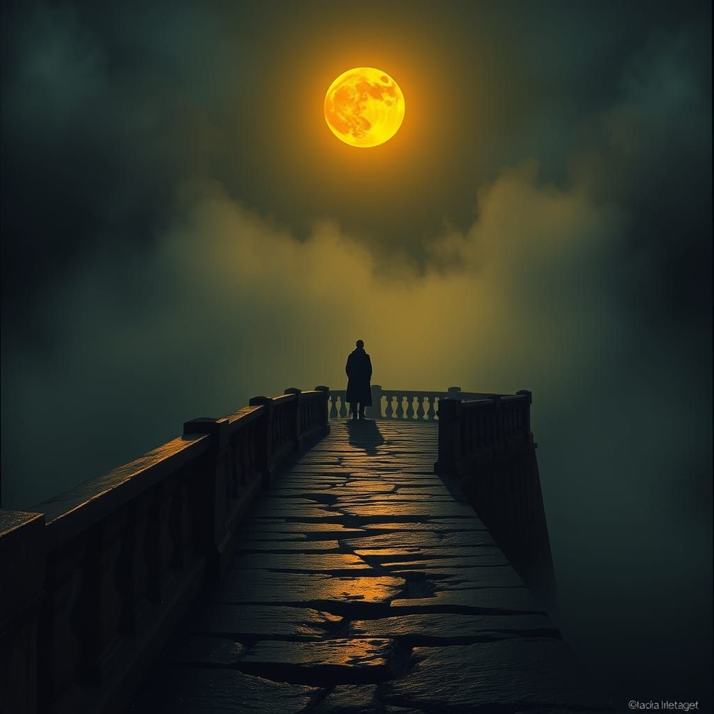 Ethereal Bridge Scene Under Fiery Moonlight