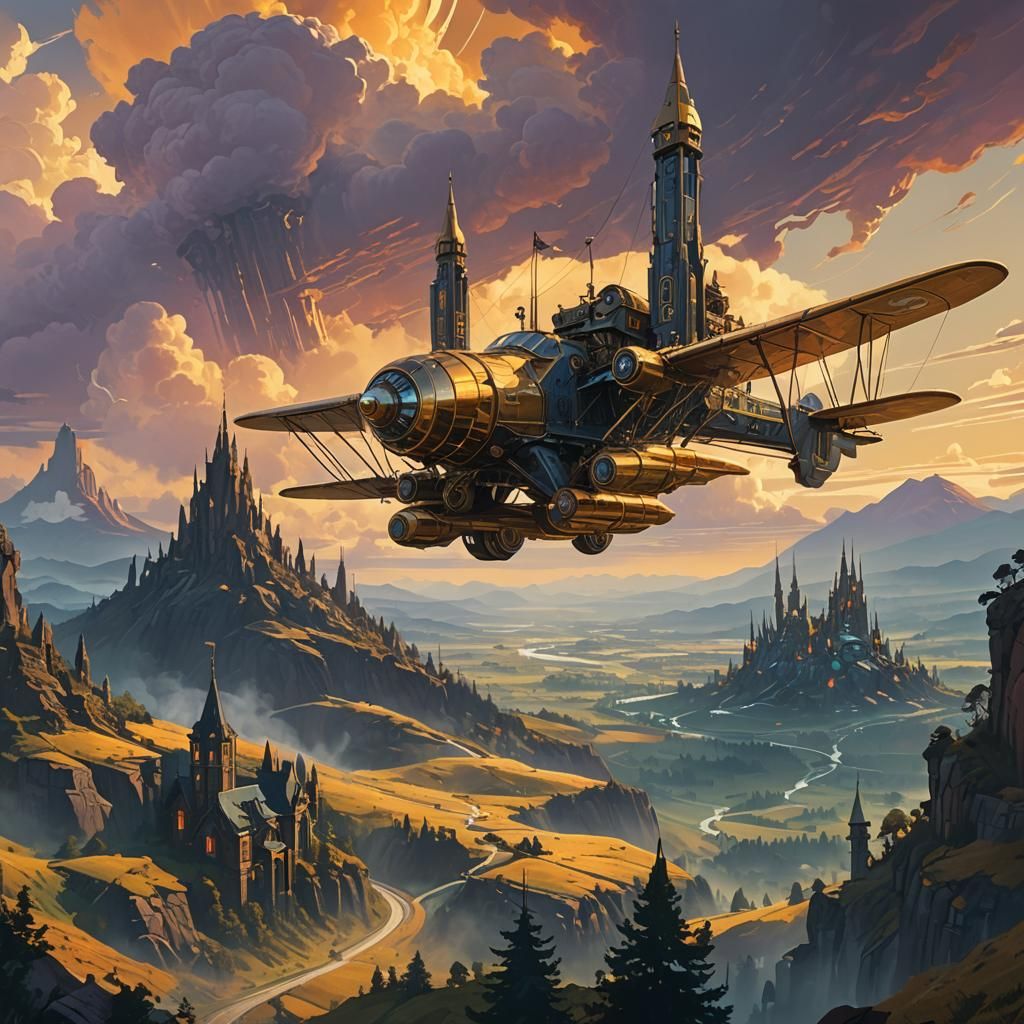 Flying Machine Soaring Through Mystical Landscape