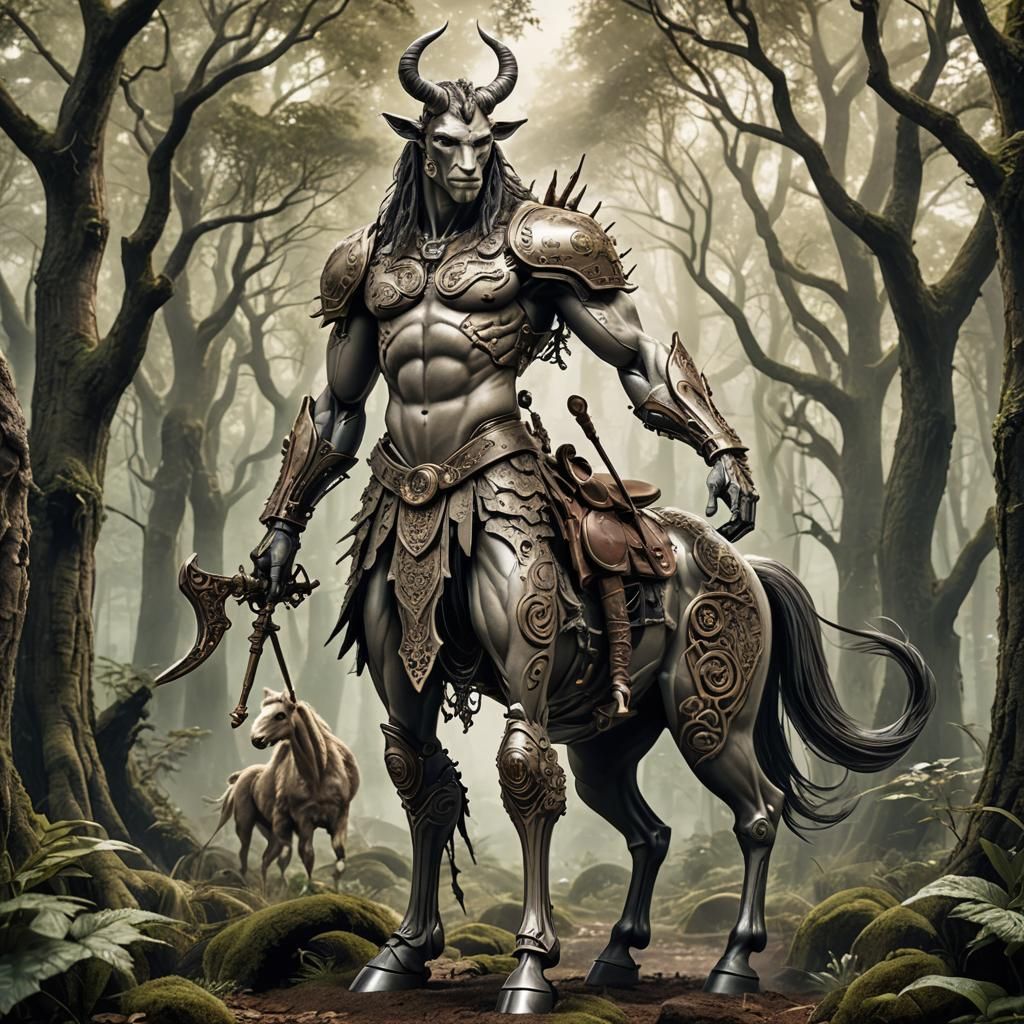 Centaur in Enchanted Forest with Steampunk Engine