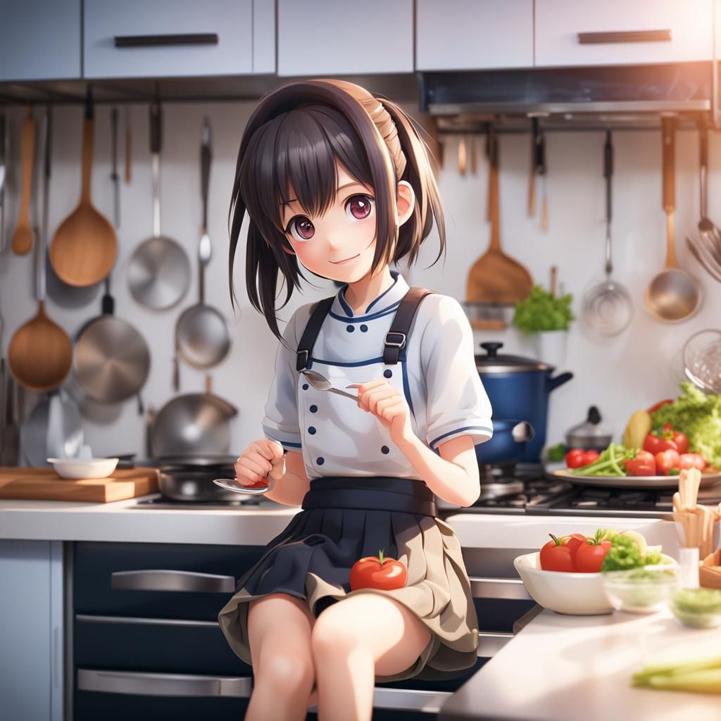 anime girl cooking in the kitchen