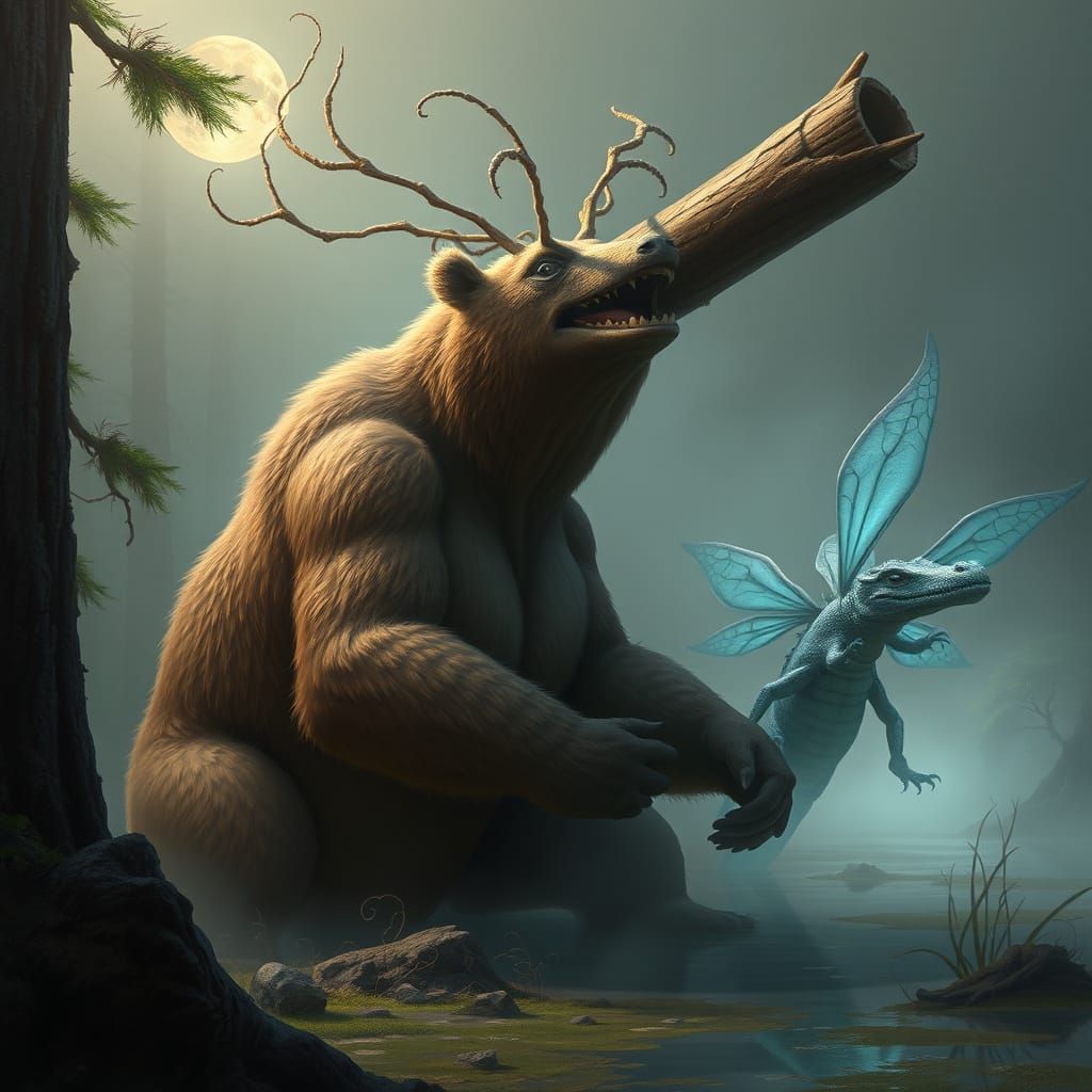 Mystical, Dreamlike Bear with Ant Traits in a Fantastical La...