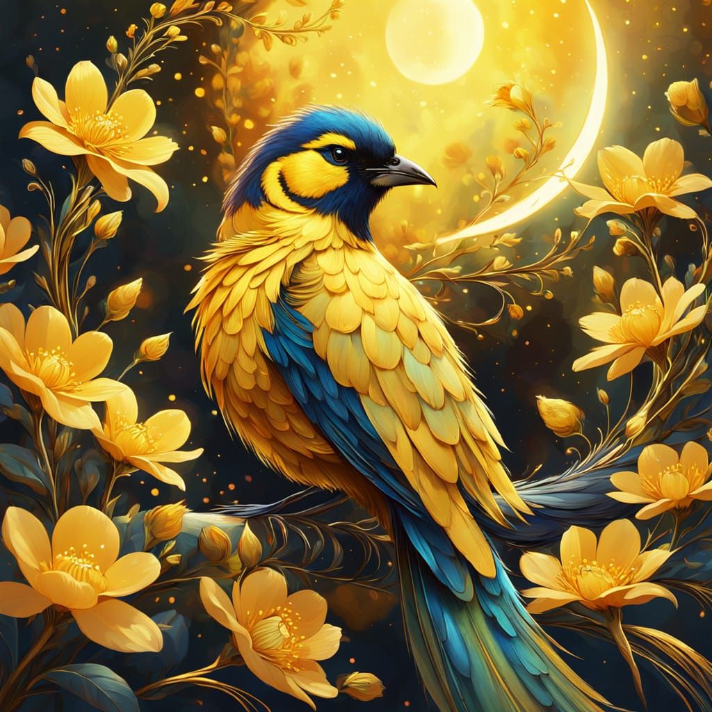 Epic Yellow Bird on Flowers, Vibrant Digital Painting