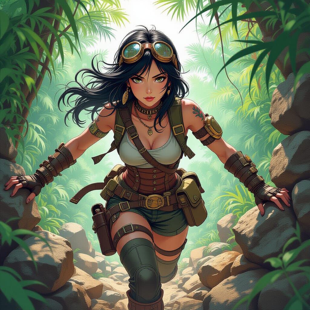 Steampunk Jungle Explorer in Anime Pencil Sketch Style