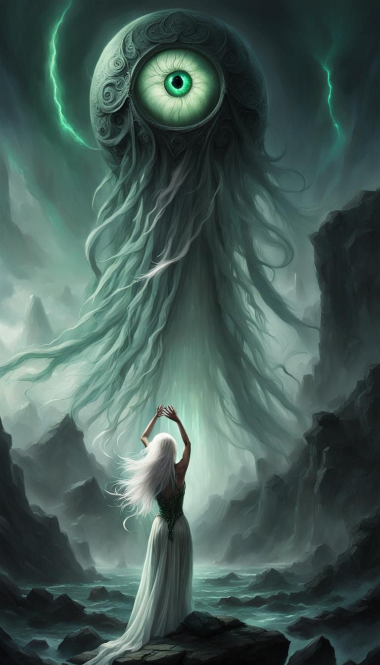 Woman Gazing at Enormous Eye in Fantasy Landscape