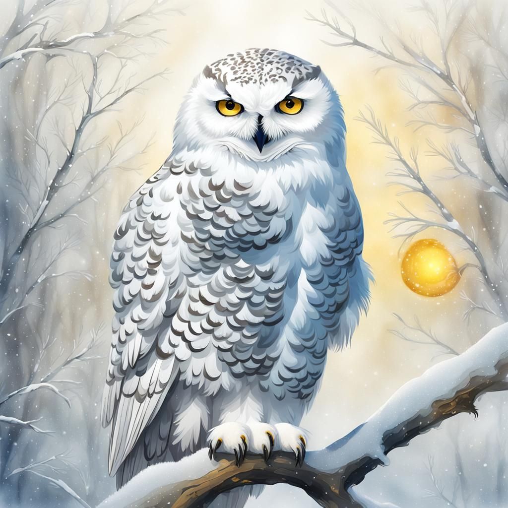 Snowy Owl Portrait in Watercolor Style