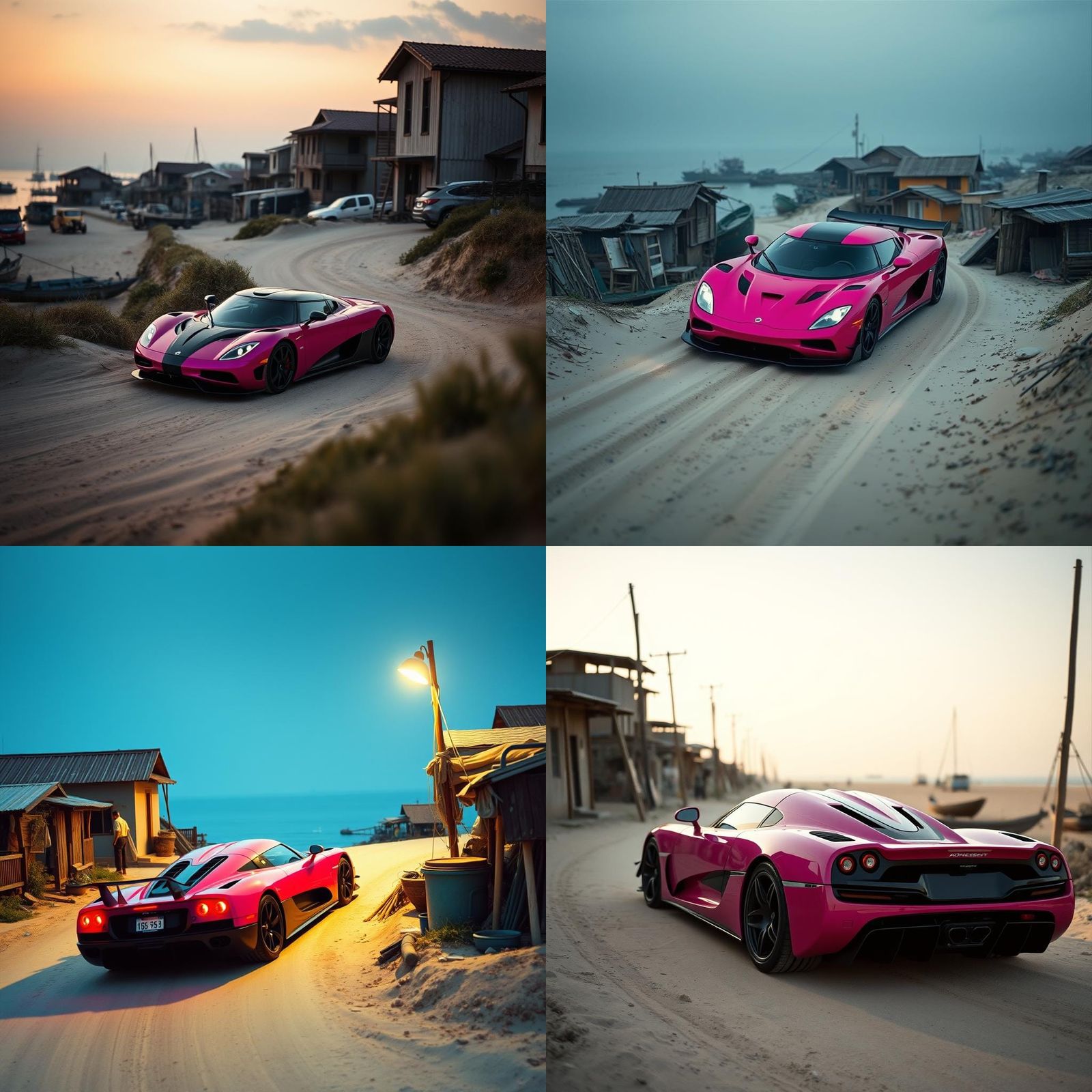 Magenta Koenigsegg Agera in Coastal Village: Cinematic Style
