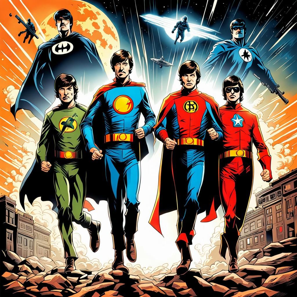 John Paul George and Ringo (The3 Beatles) as Super Heroes Mark Brooks and Dan Mumford, comic book art, perfect, smooth