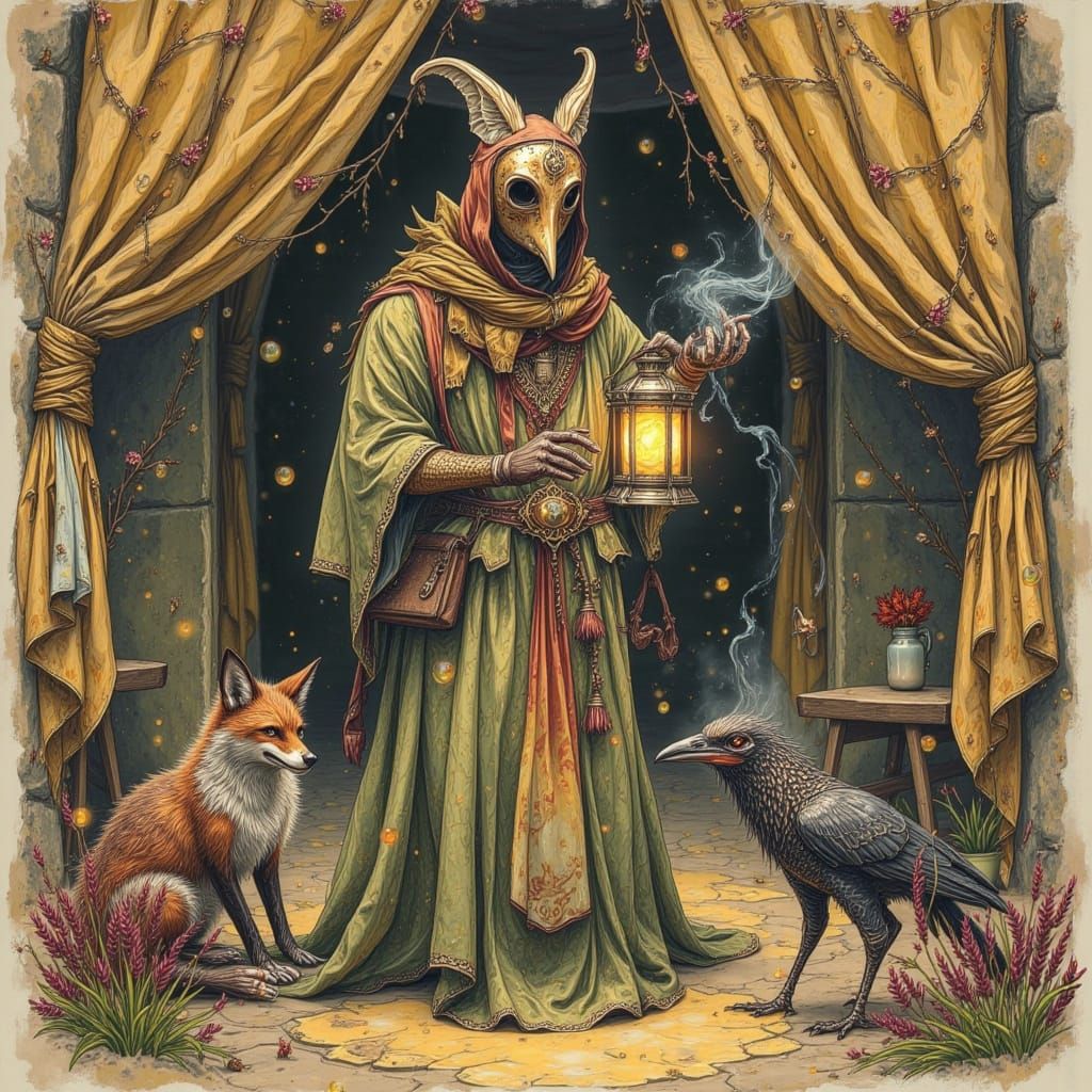 Plague Doctor Gnome with Fox and Crow, Bone Mask