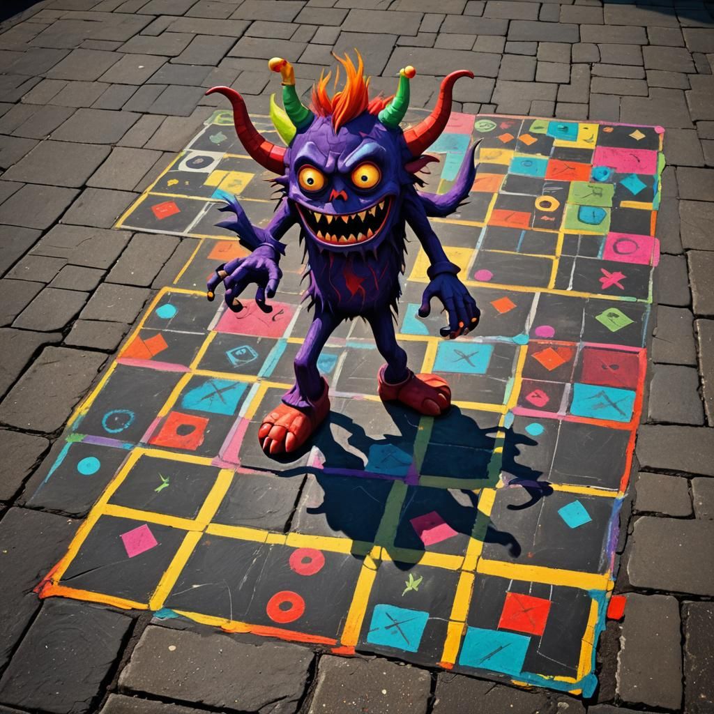 Monster Demon Plays Hopscotch: Surreal Digital Art