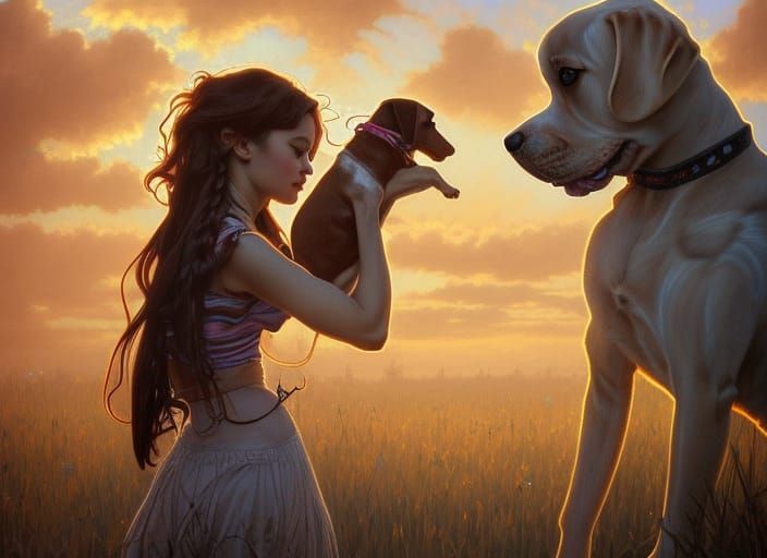 Girl and Dog at Sunset in Burtonesque Style