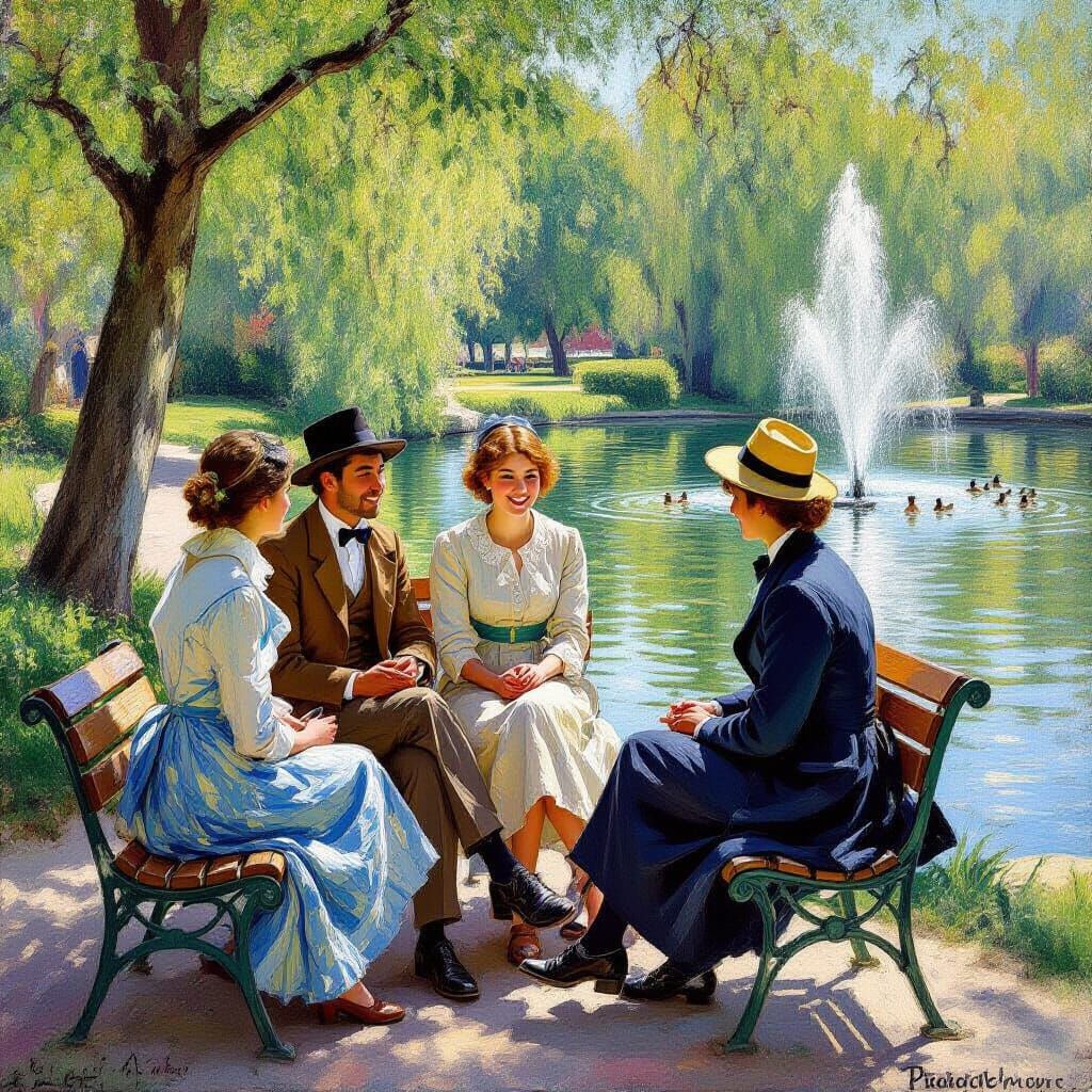 Girl with Friends in Park, Impressionist Style