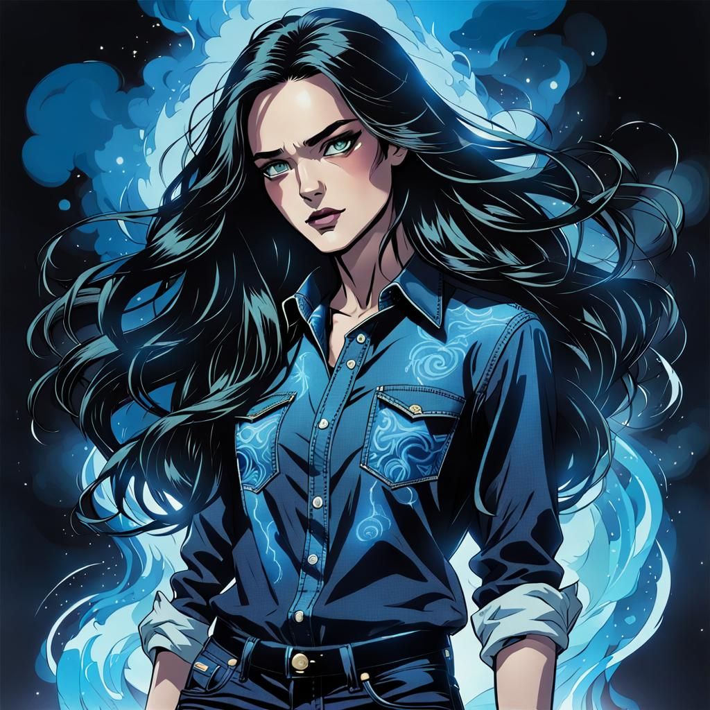 Androgynous Figure with Blue Aura in Comic Book Style