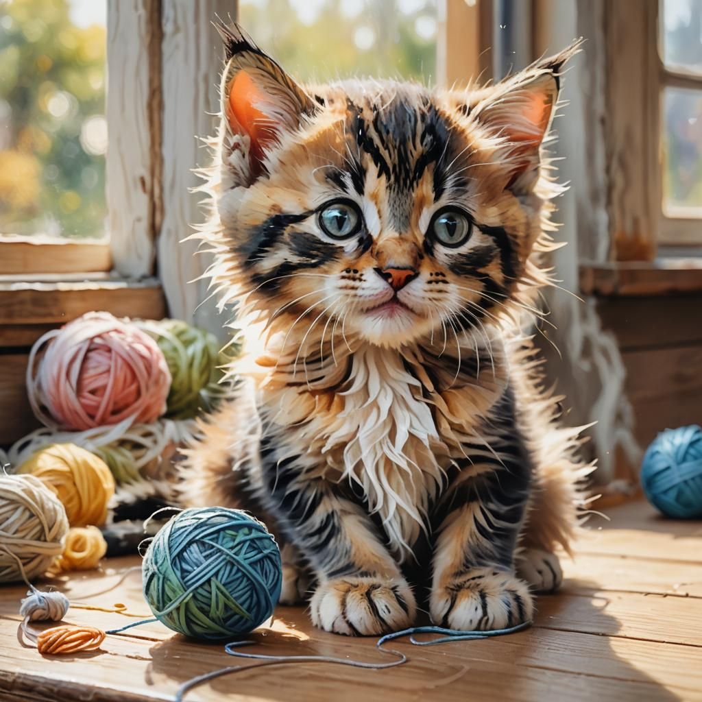 Kitten's Whimsical Watercolor Portrait with Yarn