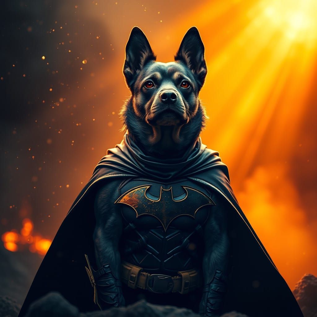Majestic Dog in Regal Batman Costume Amidst Fiery Fantasy Sc...