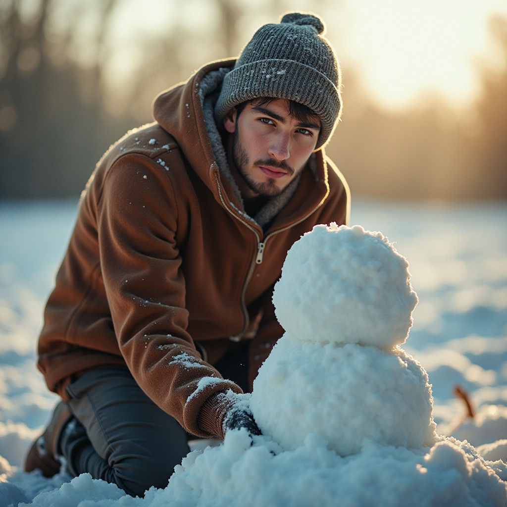 Irish Lad Building Snowman in Misty Field