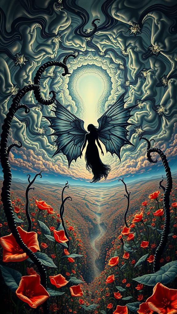 Surreal Landscape with Elastic Flora and Goth Fairy