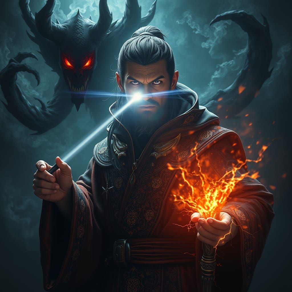Sorcerer Unleashes Radiant Light on Dark Spirit in Epic Fant...
