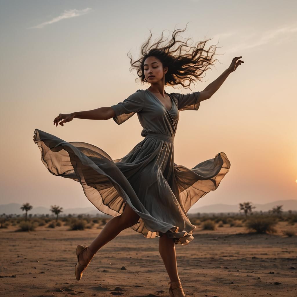 Dancer Spins in Wind at Sunset