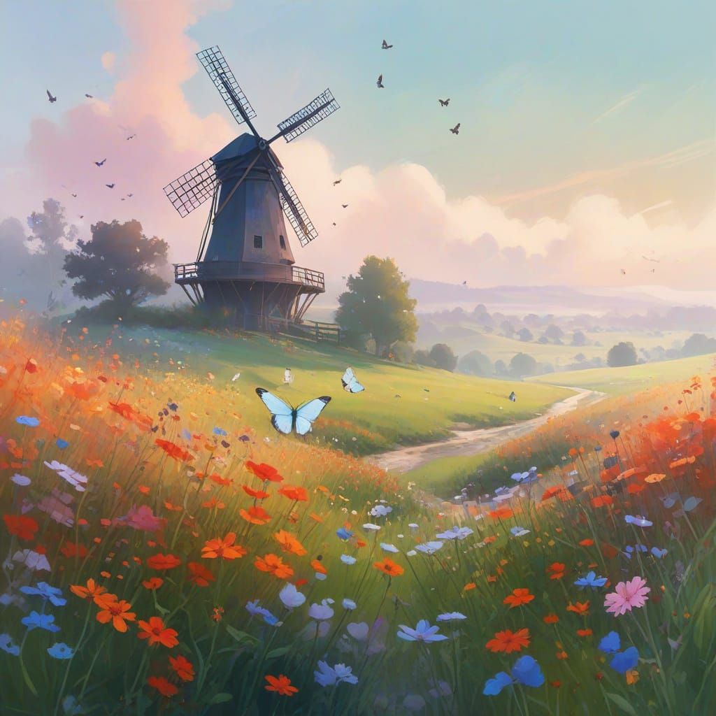 Whimsical Morning Meadow Scene in Vibrant Colors
